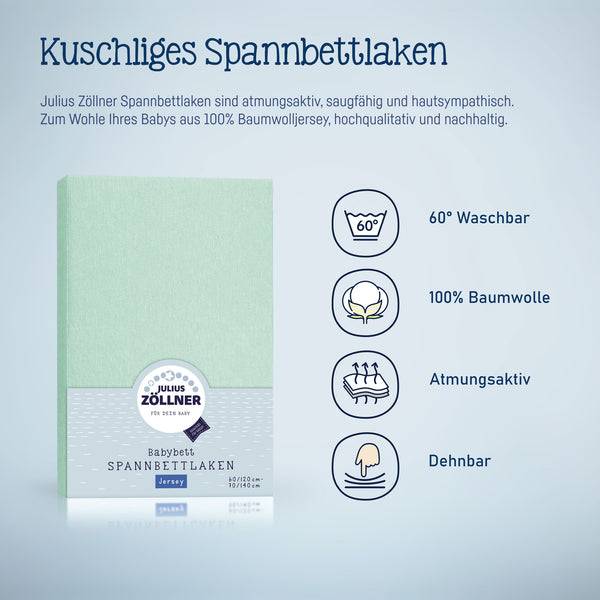 Julius Zöllner Jersey Spannbettlaken für Babymatratzen 60x120 bis 70x140cm, Salbei Fabrikpreis