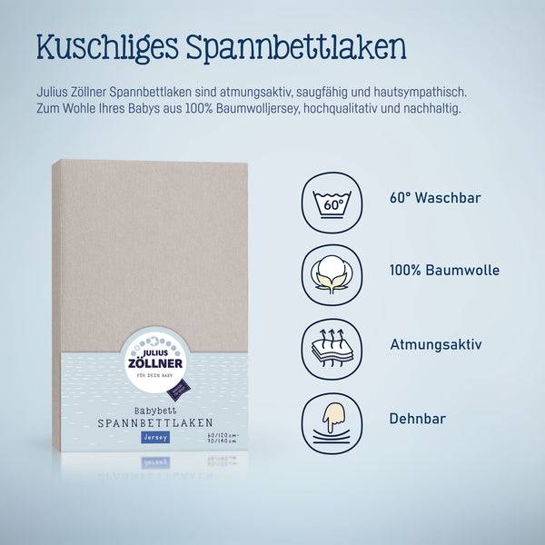 Julius Zöllner Jersey Spannbettlaken für Babymatratzen 60x120 bis 70x140cm, Taupe Sonderangebot