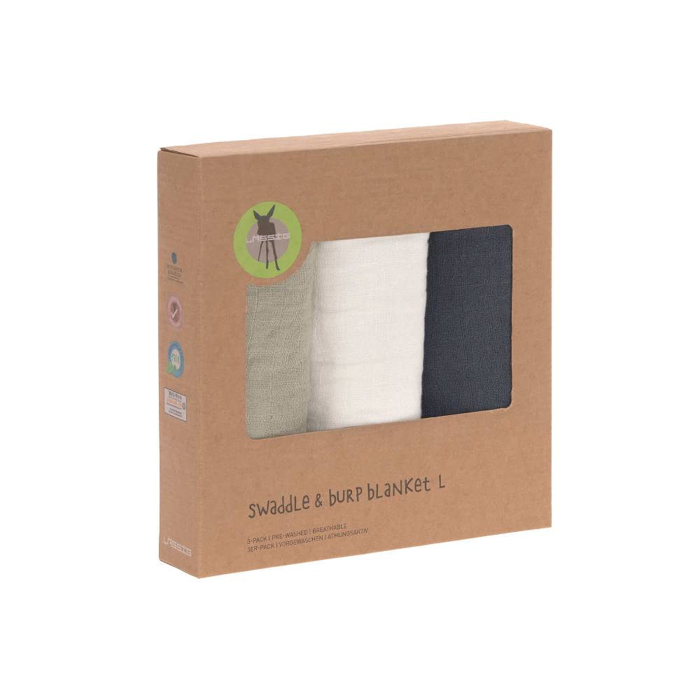Lässig Mulltücher (3 Stk) - Swaddle & Burp Blanket L, Olive Milky Navy zollfrei