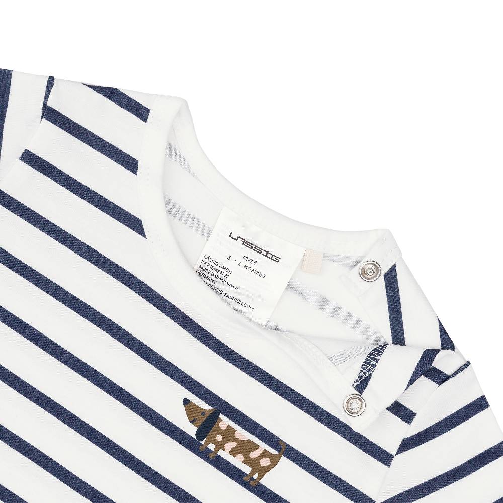 Lässig Baby Jumpsuit - Bio Baumwolle, Hund, Blau weiß Fabrikladen