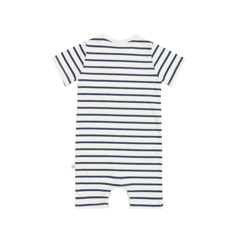 Lässig Baby Jumpsuit - Bio Baumwolle, Hund, Blau weiß Fabrikladen