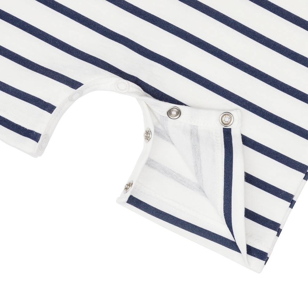 Lässig Baby Jumpsuit - Bio Baumwolle, Hund, Blau weiß Fabrikladen