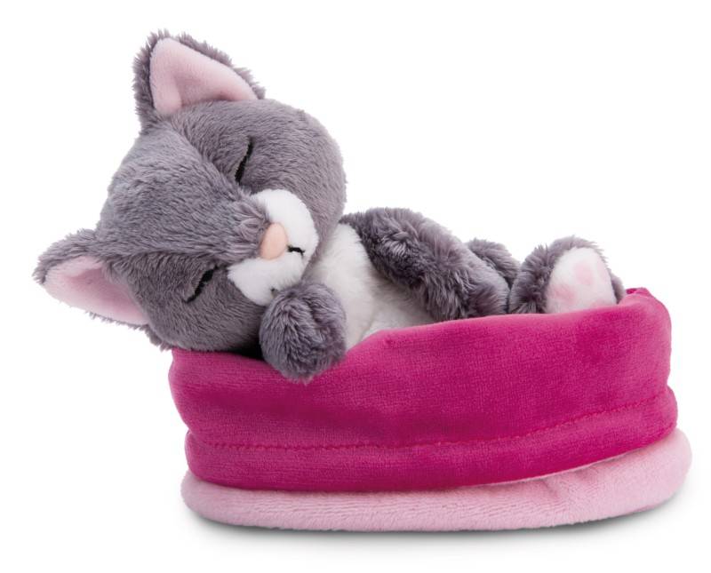 NICI Kuscheltier Sleeping Pets graue Katze 12cm im rosa Körbchen NICI GREEN Wochenangebot