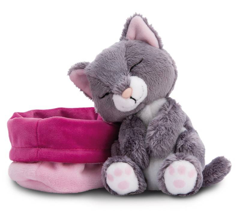 NICI Kuscheltier Sleeping Pets graue Katze 12cm im rosa Körbchen NICI GREEN Wochenangebot