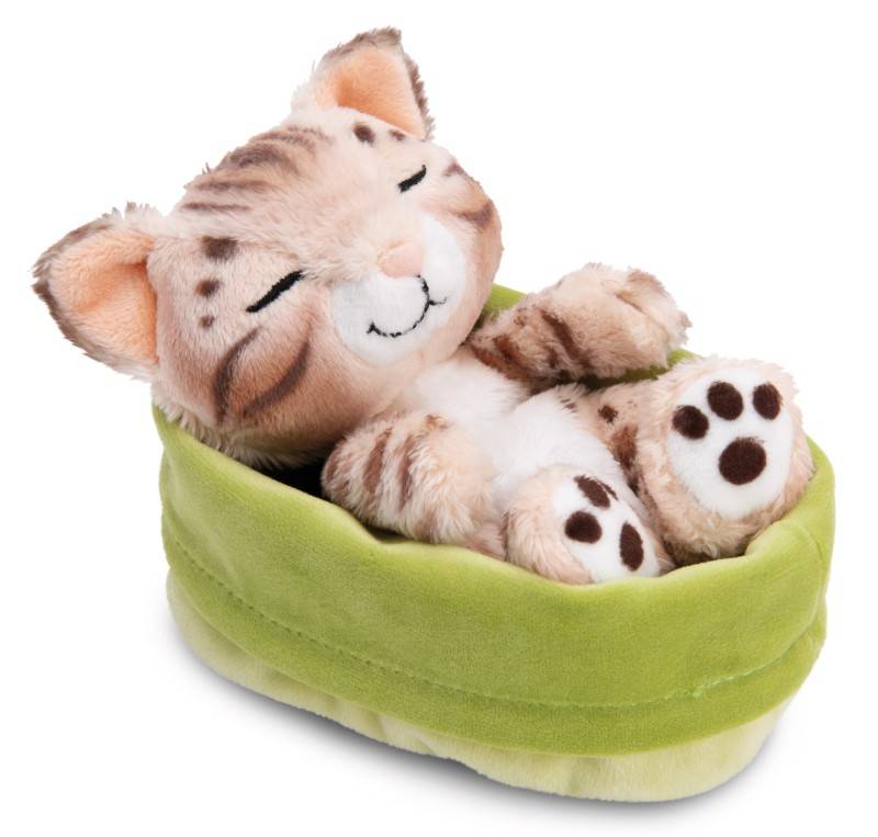 NICI Kuscheltier Sleeping Pets Bengal Katze 12cm im hellgrünen Körbchen NICI GREEN Kostenlose Rückgabe