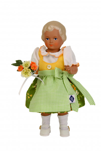 Schildkröt Manufaktur Kleid für Stehpuppe 25+34+41 cm, Dirndl grün/gelb/weiss im Angebot