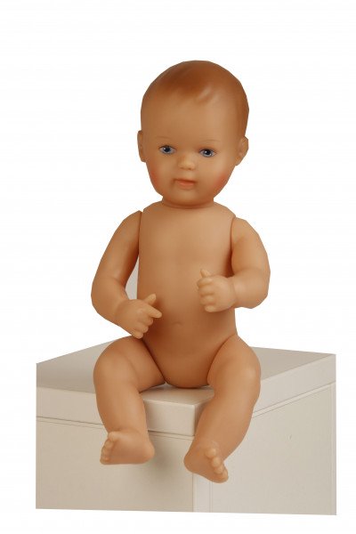 Schildkröt Manufaktur Puppe Mein 1. Baby 28 cm mit Malhaar und blauen Malaugen, Overall blau/weiß Strick Kauf eins, bekomm eins gratis
