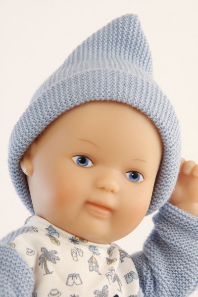 Schildkröt Manufaktur Puppe Mein 1. Baby 28 cm mit Malhaar und blauen Malaugen, Overall blau/weiß Strick Kauf eins, bekomm eins gratis