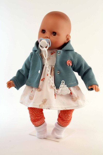 Schildkröt Manufaktur Baby Amy 45 cm mit Schnuller, Malhaar, braune Schlafaugen, Mäuschenkleidung im Angebot