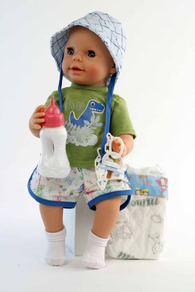 Schildkröt Manufaktur Trink + Näßbaby "Finn" 40 cm mit Malhaar und blauen Schlafaugen, Kleidung g weiss/grün/blau Letzte 3 Tage