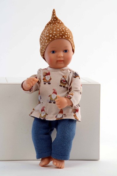 Schildkröt Manufaktur Puppe Mein 1. Baby 28 cm mit Malhaar und blauen Malaugen, Wichtelkleidung blau/braun 2025