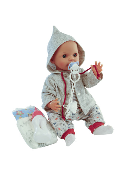 Schildkröt Manufaktur Trink + Näßbaby "Finn" 40 cm mit Malhaar und blauen Schlafaugen, Kleidung grau/blau/rot