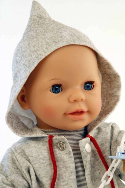 Schildkröt Manufaktur Trink + Näßbaby "Finn" 40 cm mit Malhaar und blauen Schlafaugen, Kleidung grau/blau/rot Saisonale Angebote