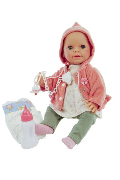Schildkröt Manufaktur Trink + Näßbaby "Lina" 40 cm mit Malhaar und blauen Schlafaugen, Kleidung weiss/rose/grün