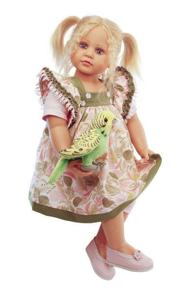 Schildkröt Manufaktur Puppe Johanna von Brigitte Paetsch 70 cm sitzend, blonde Haare, Kleidung grün/rose Verkauf