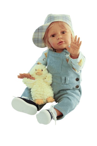 Schildkröt Manufaktur Puppe Louis 60 cm von Gudrun Legler, blonde Haare, Kleidung blau/gelb