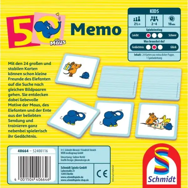 Schmidt Spiele Die Maus: Elefanten-Memo, 50. Geburtstag, Kinderspiel Jubiläumsangebot
