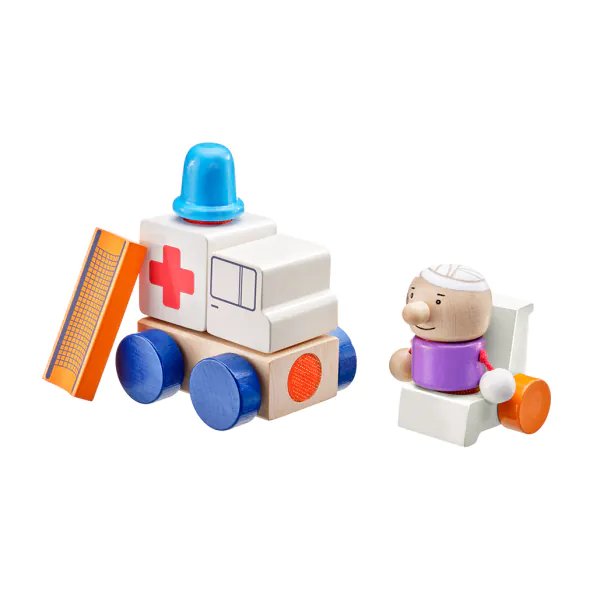 Schmidt Spiele Klettini® Krankenwagen, Klett-Stapelspielzeug aus Holz, 7 Teile Vierteljährliche Förderung