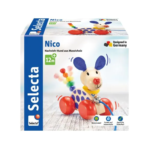 Schmidt Spiele Nico-Nachzieh-Hund, Schiebe-und Nachziehspielzeug aus Holz, 12 cm Räumungsverkauf