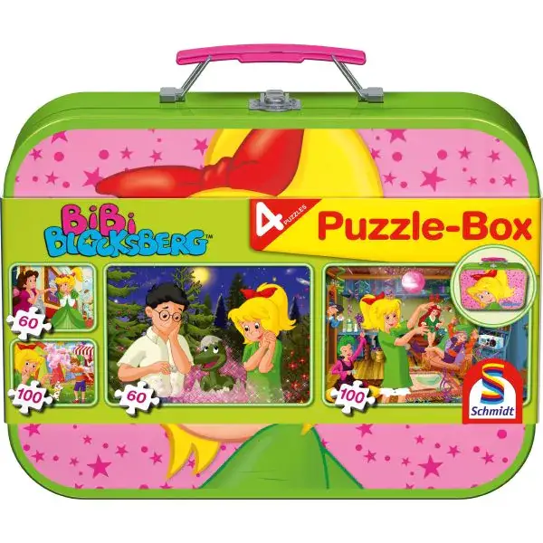 Schmidt Spiele Puzzle-Box: Bibi Blocksberg im Metallkoffer mit 4 Kinderpuzzles mit 4 Kinderpuzzle (2 x 60 Teile & 2 x 100 Teile) Vierteljährliche Förderung