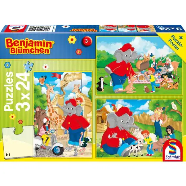 Schmidt Spiele Benjamin Blümchen: Im Zoo, 3x24-teiliges Kinderpuzzle Versandkostenfrei