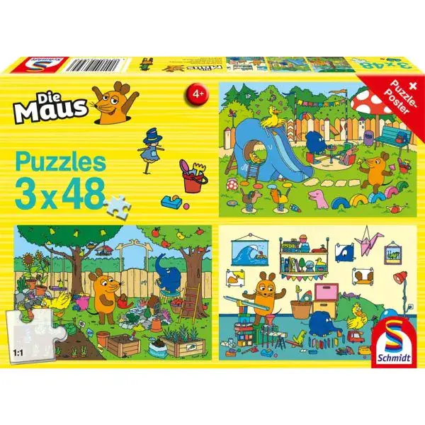 Schmidt Spiele Die Maus: Ein Tag mit der Maus, 3x48 Teile Kinderpuzzle Preisnachlass