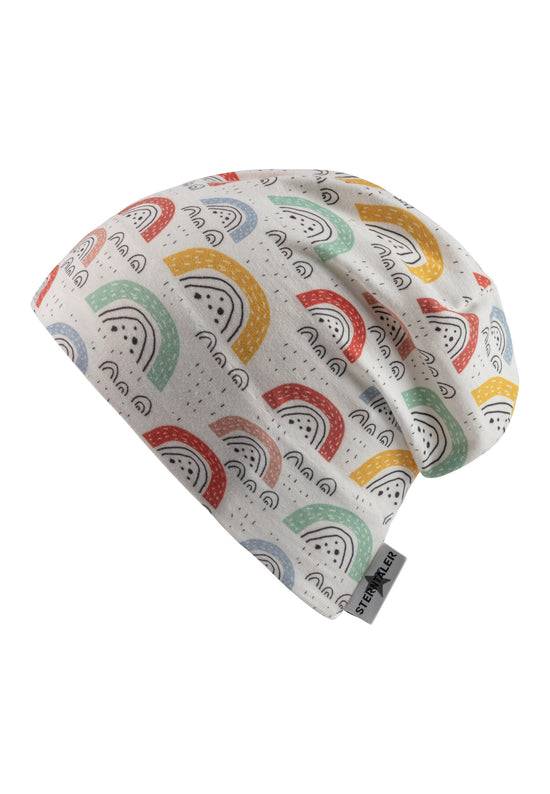 Sterntaler Beanie bedruckt mit bunten Regenbögen in ecru Kauf eins, bekomm eins gratis