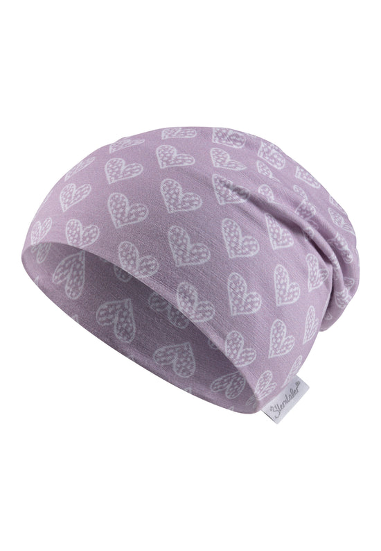 Sterntaler Beanie bedruckt mit Herzen in flieder