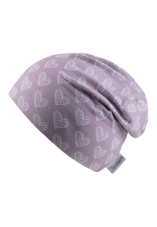 Sterntaler Beanie bedruckt mit Herzen in flieder Sonderangebote
